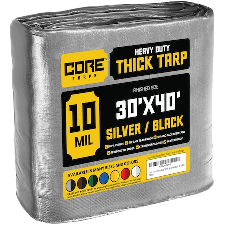 Core Tarps Heavy Duty Tarp, 40 ft L x 0.5 mm H x 30 ft W, 10 Mil, Silver/Black, Polyethylene CT-601-30X40